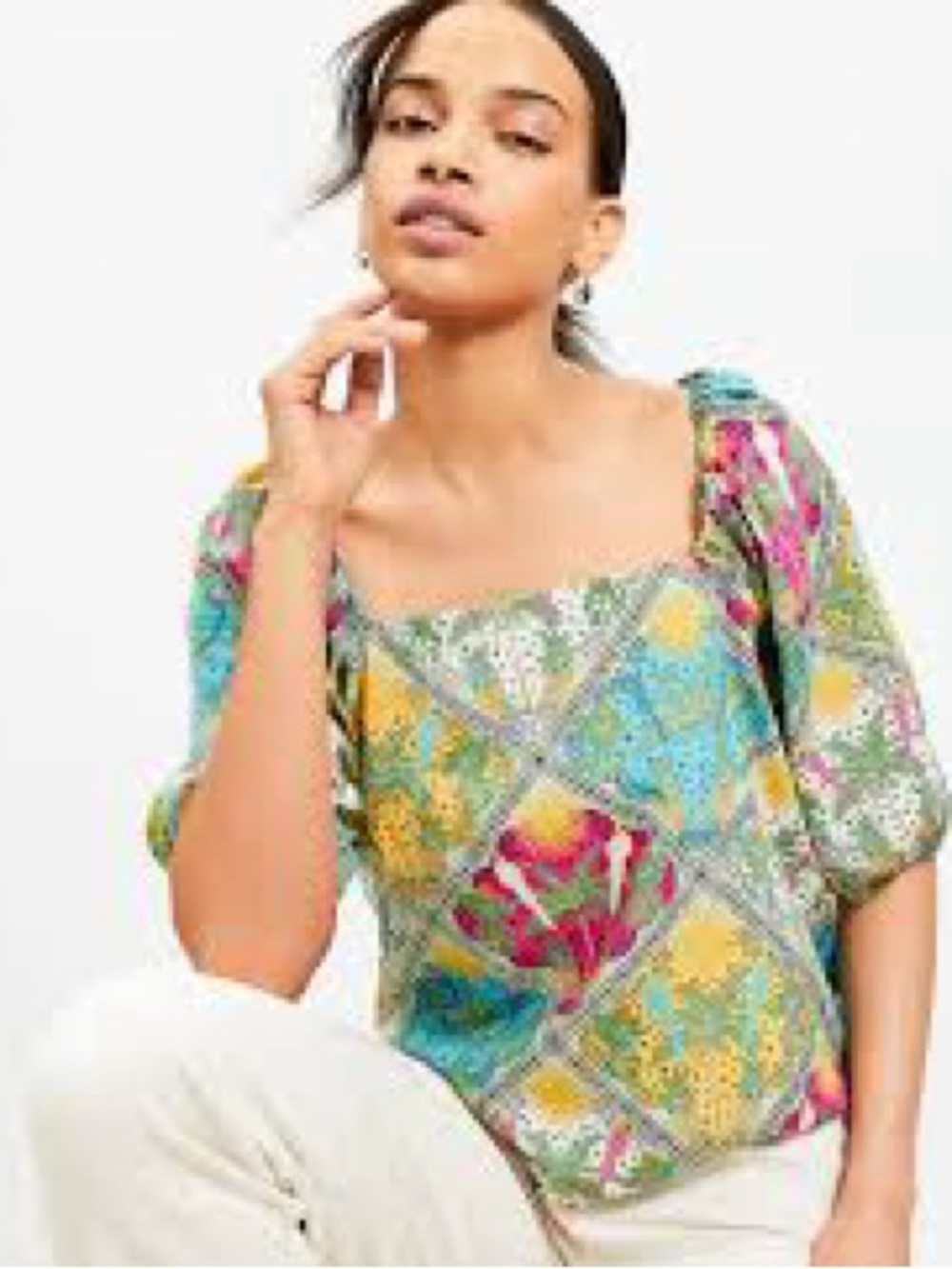 NWT LOFT Palm Bubble Sleeve Square Neck Blouse, Size Large Petite